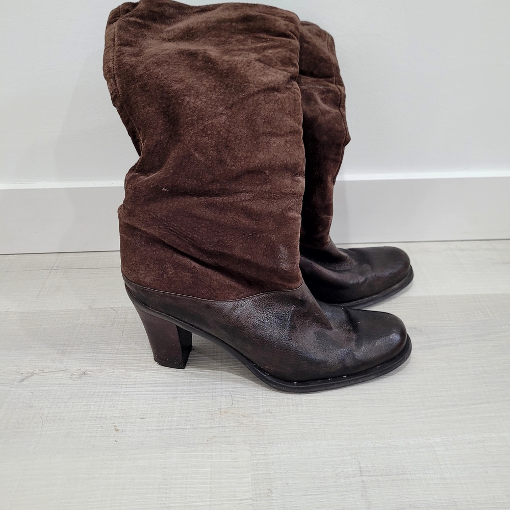 Women's Brown Suede & Leather Wood Heeled Boots - Picture 5 of 10